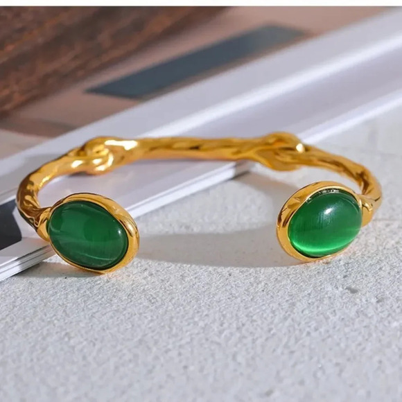 Selena Green Cat Eye Agate 18K Gold Stainless Steel Waterproof Cuff Bracelet - Picture 1 of 17